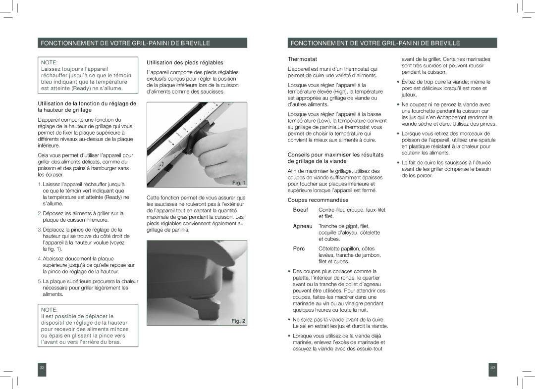 Breville TG425XL manual Utilisation des pieds réglables, Thermostat, Coupes recommandées 