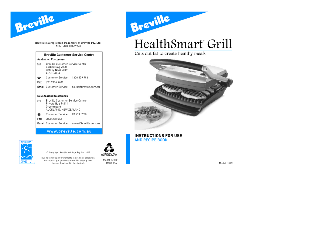 Breville TG870 manual HealthSmart Grill 