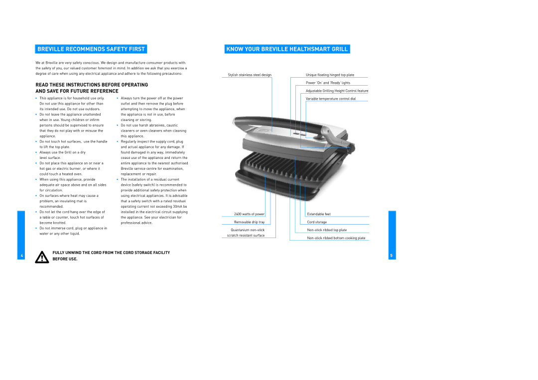 Breville TG870 manual Breville Recommends Safety First, Know Your Breville Healthsmart Grill 