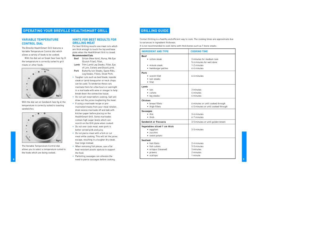 Breville TG870 manual Operating Your Breville Healthsmart Grill Grilling Guide, Variable Temperature Control Dial 