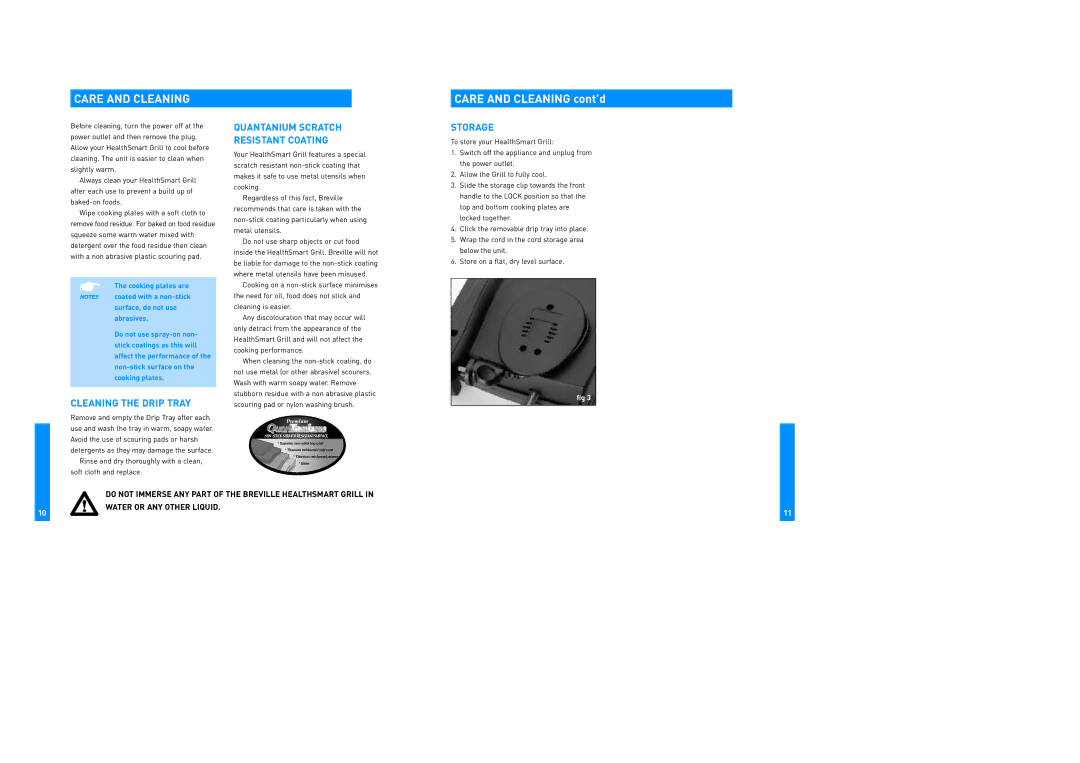 Breville TG870 manual Care and Cleaning cont’d, Cleaning the Drip Tray, Quantanium Scratch Resistant Coating, Storage 