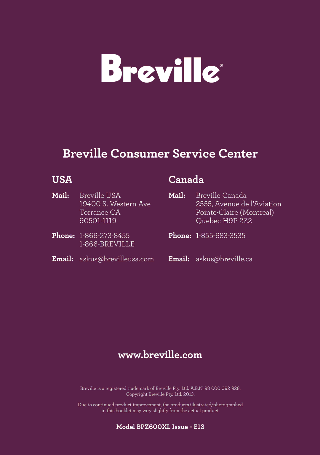 Breville BPZ600XL, the Crispy Crust manual Mail, Phone 