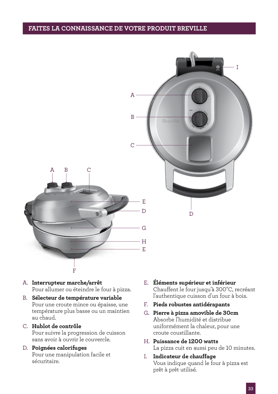 Breville the Crispy Crust, BPZ600XL manual Faites LA Connaissance DE Votre Produit Breville 