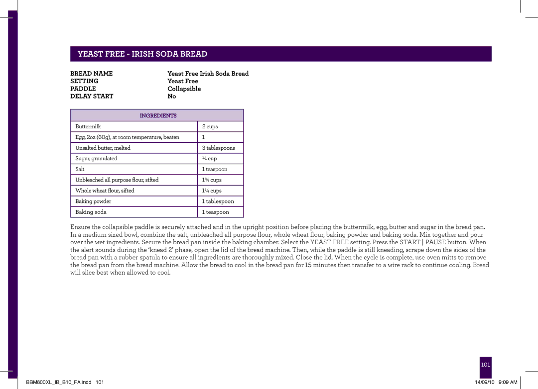 Breville BBM800XL, The Custom Loaf manual Yeast Free Irish Soda Bread 