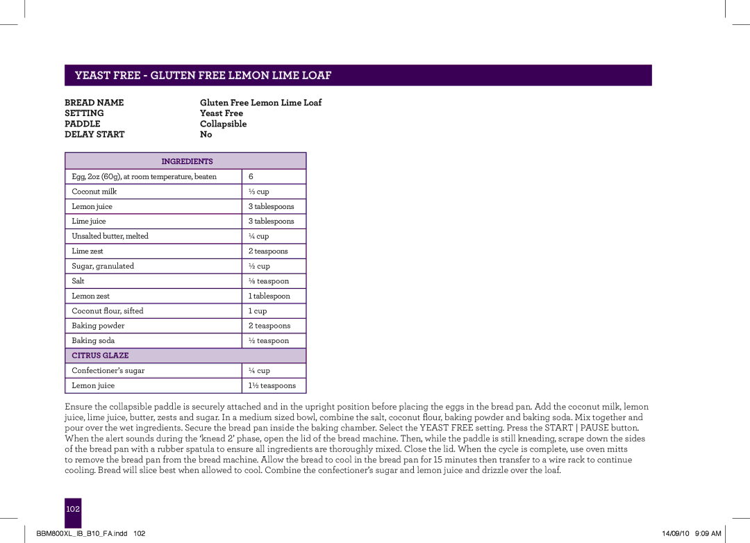 Breville The Custom Loaf, BBM800XL manual Yeast Free Gluten Free Lemon Lime Loaf, Citrus Glaze 