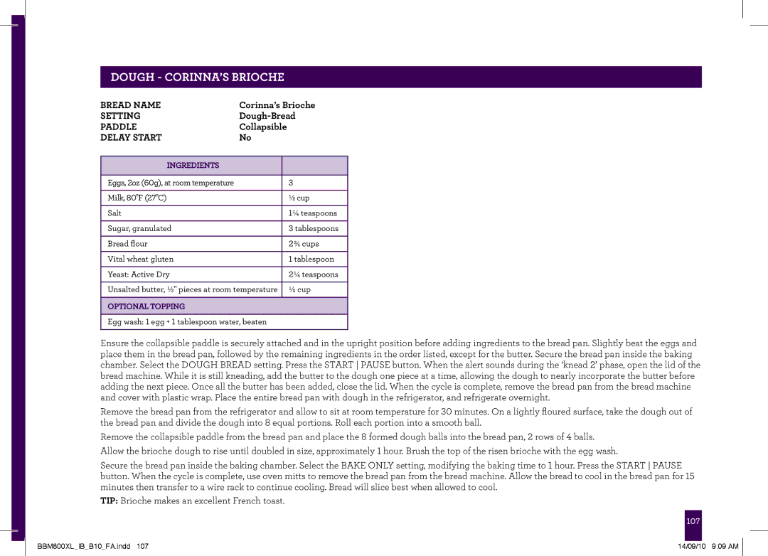 Breville BBM800XL, The Custom Loaf manual Dough Corinna’s Brioche, Ingredients 