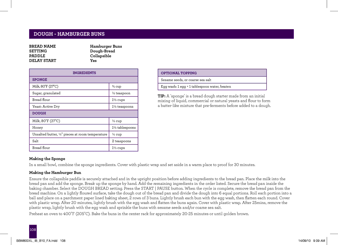 Breville The Custom Loaf, BBM800XL manual Dough Hamburger Buns, Sponge 