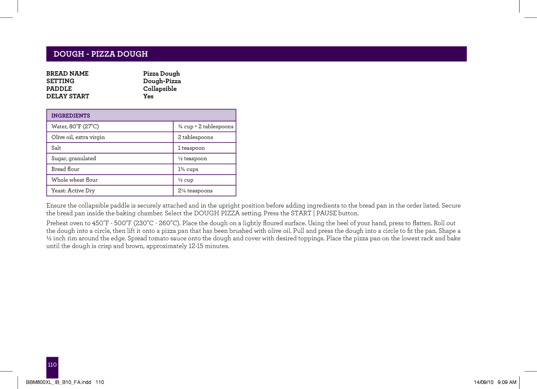 Breville The Custom Loaf, BBM800XL manual Dough Pizza Dough 
