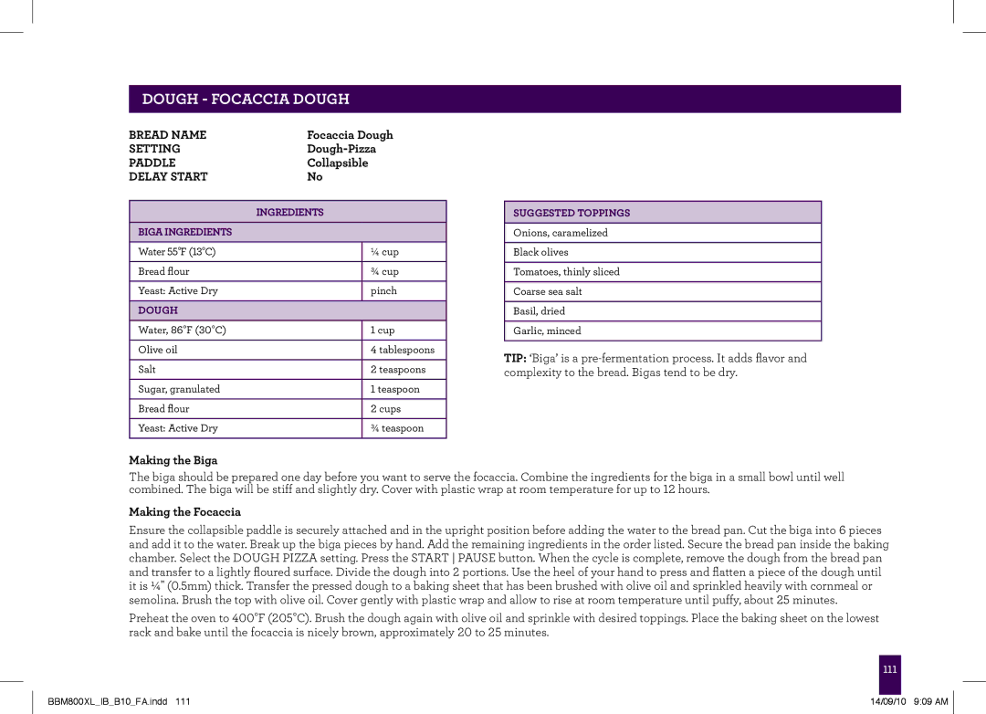 Breville BBM800XL, The Custom Loaf manual Dough Focaccia Dough, Biga Ingredients, Suggested Toppings 