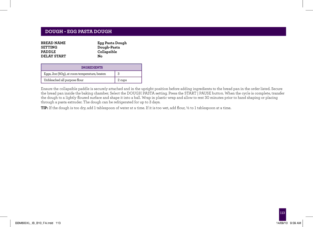 Breville BBM800XL, The Custom Loaf manual Dough Egg Pasta Dough 