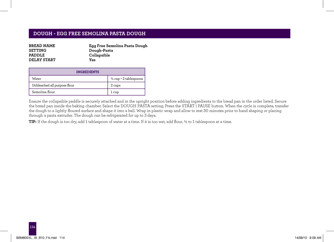 Breville The Custom Loaf, BBM800XL manual Dough Egg Free Semolina Pasta Dough 