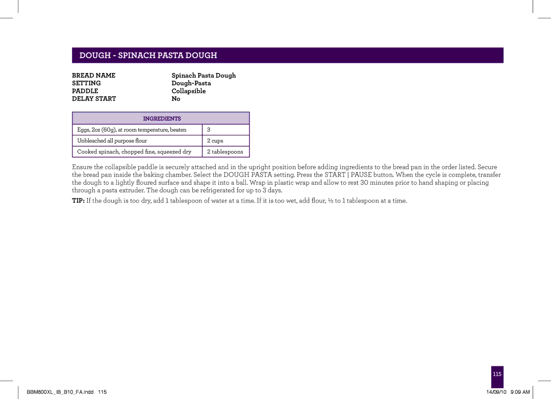 Breville BBM800XL, The Custom Loaf manual Dough Spinach Pasta Dough 