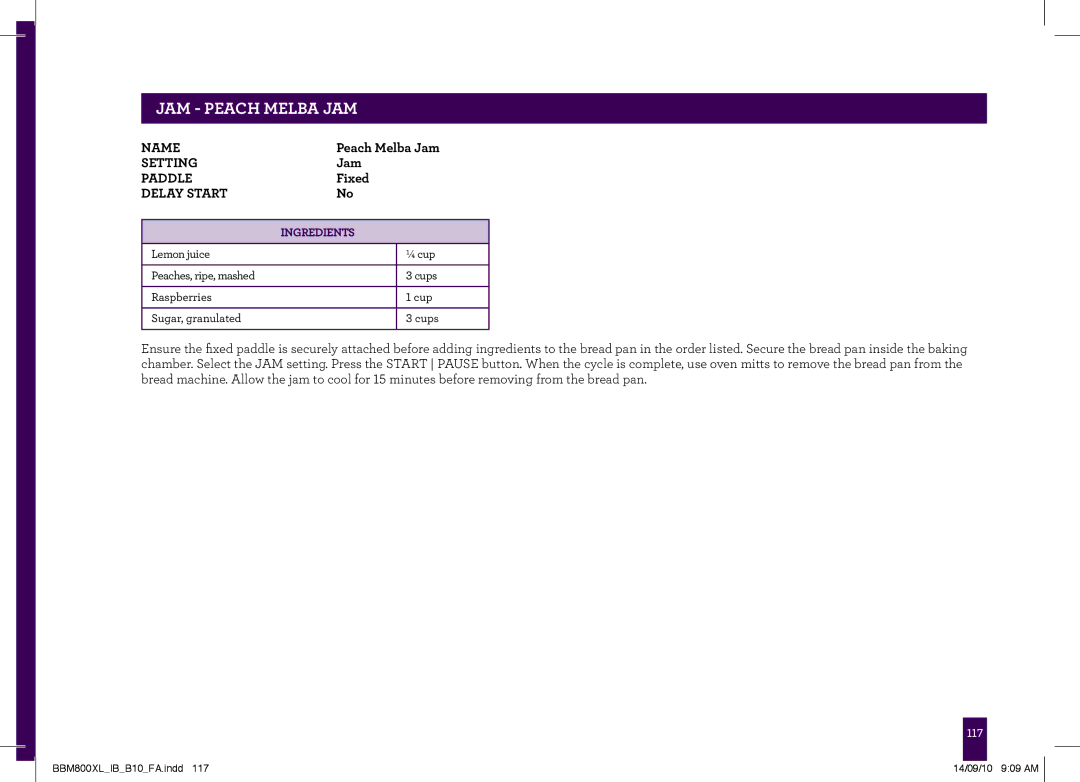 Breville BBM800XL, The Custom Loaf manual JAm Peach Melba Jam 