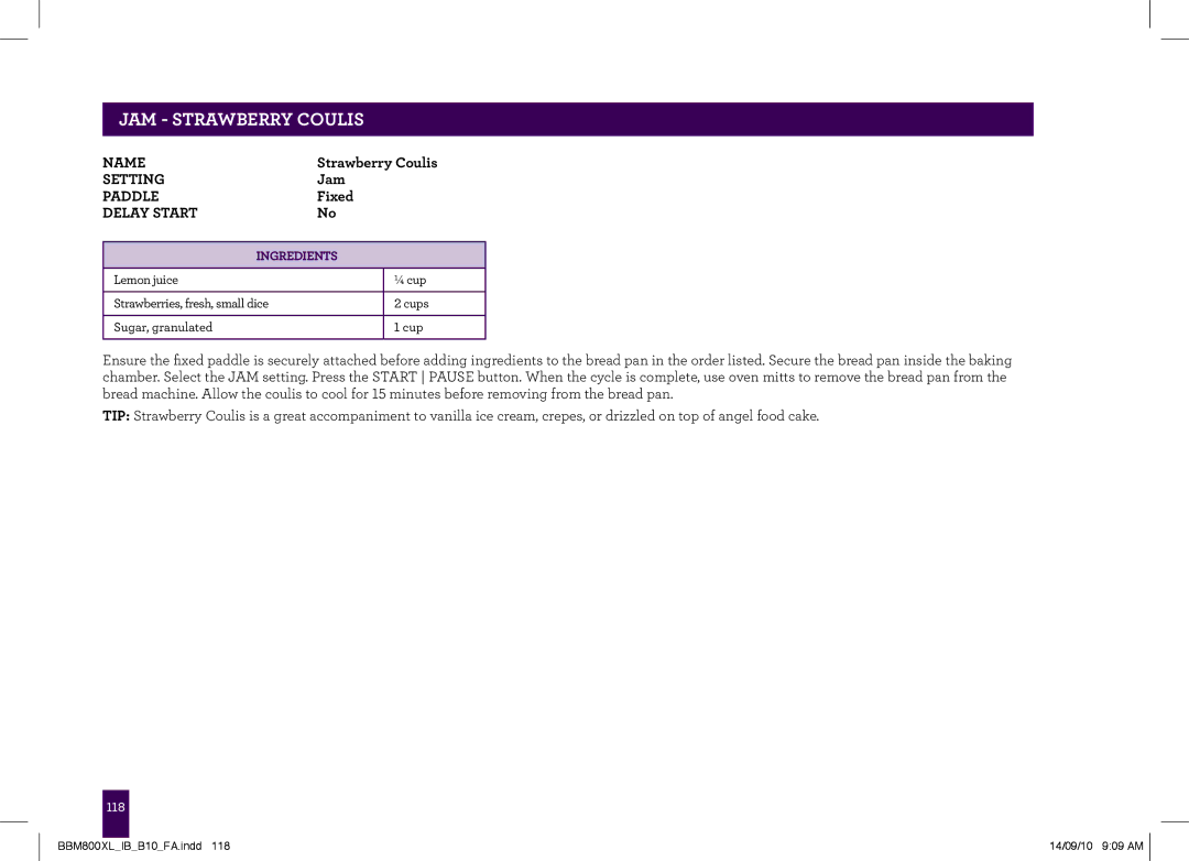 Breville The Custom Loaf, BBM800XL manual JAM Strawberry Coulis 