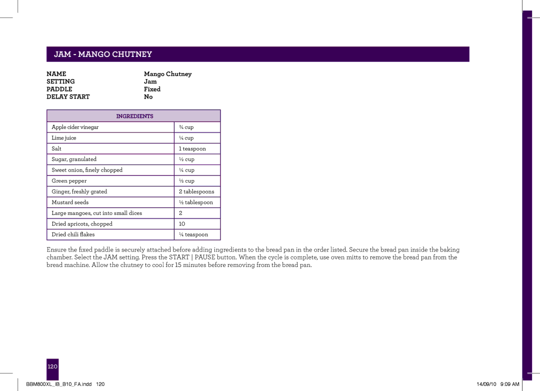 Breville The Custom Loaf, BBM800XL manual JAM Mango Chutney 