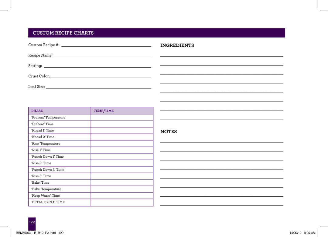 Breville The Custom Loaf, BBM800XL manual Custom Recipe Charts, Phase 