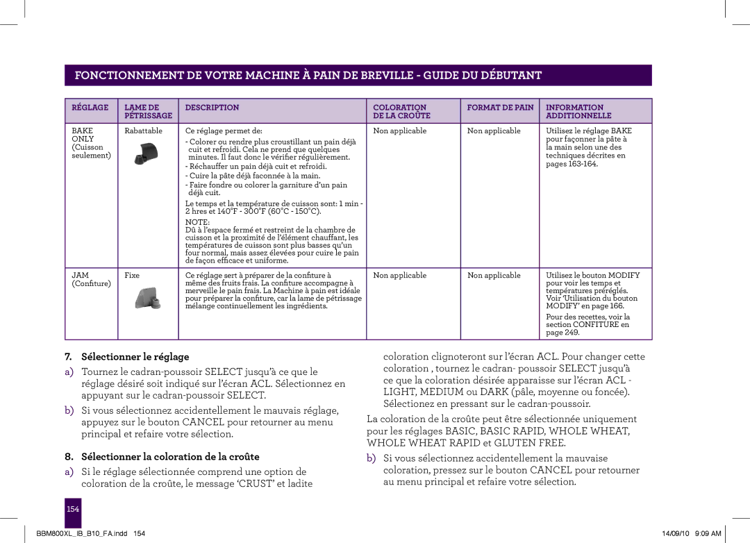 Breville The Custom Loaf, BBM800XL manual Sélectionner le réglage, Sélectionner la coloration de la croûte 
