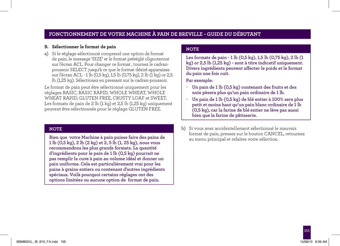 Breville BBM800XL, The Custom Loaf manual Sélectionner le format de pain 