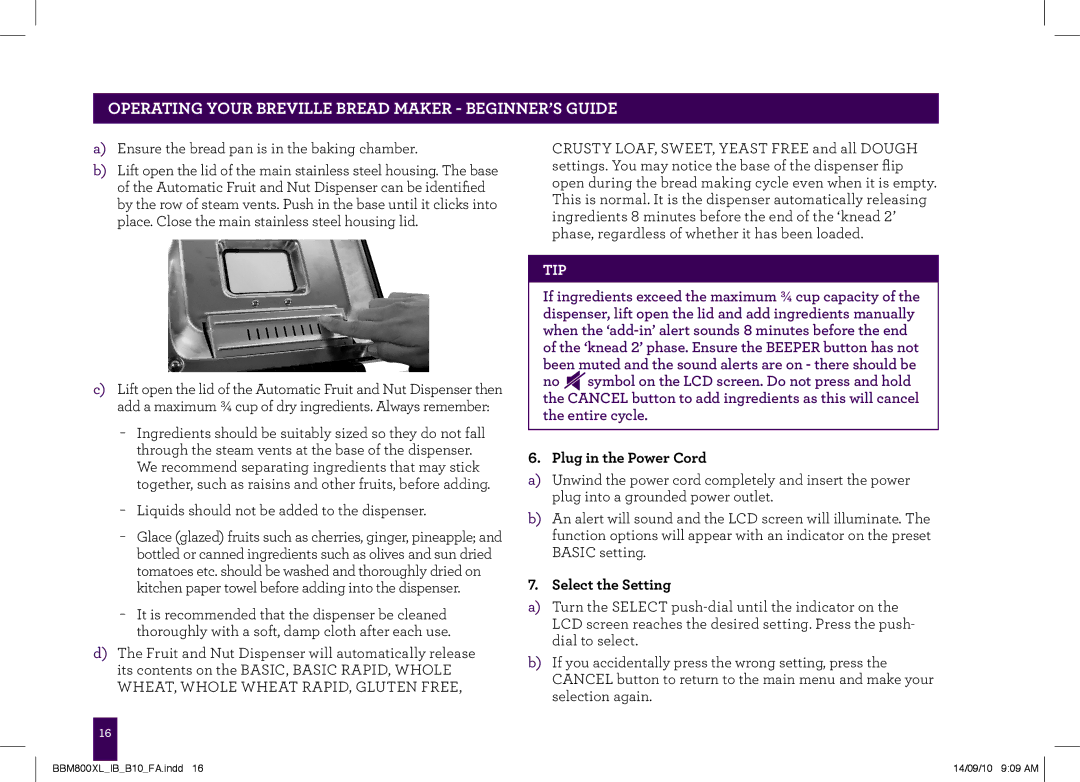 Breville The Custom Loaf, BBM800XL manual Plug in the Power Cord, Select the Setting 