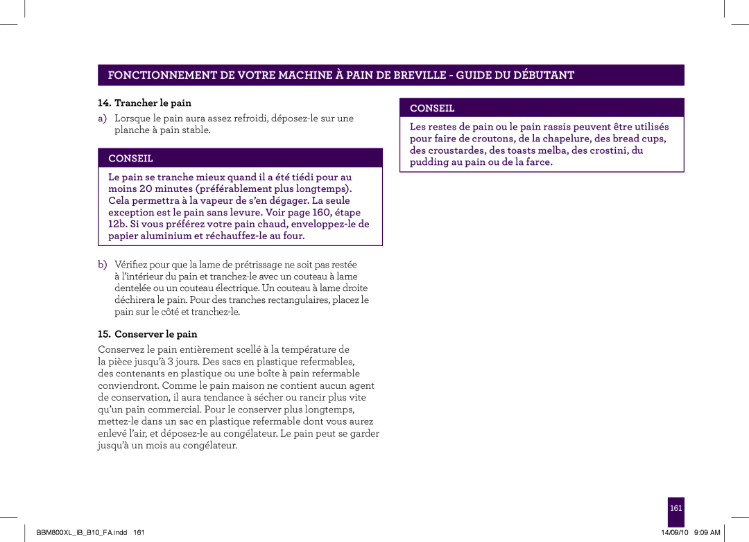 Breville BBM800XL, The Custom Loaf manual Trancher le pain, Conserver le pain 