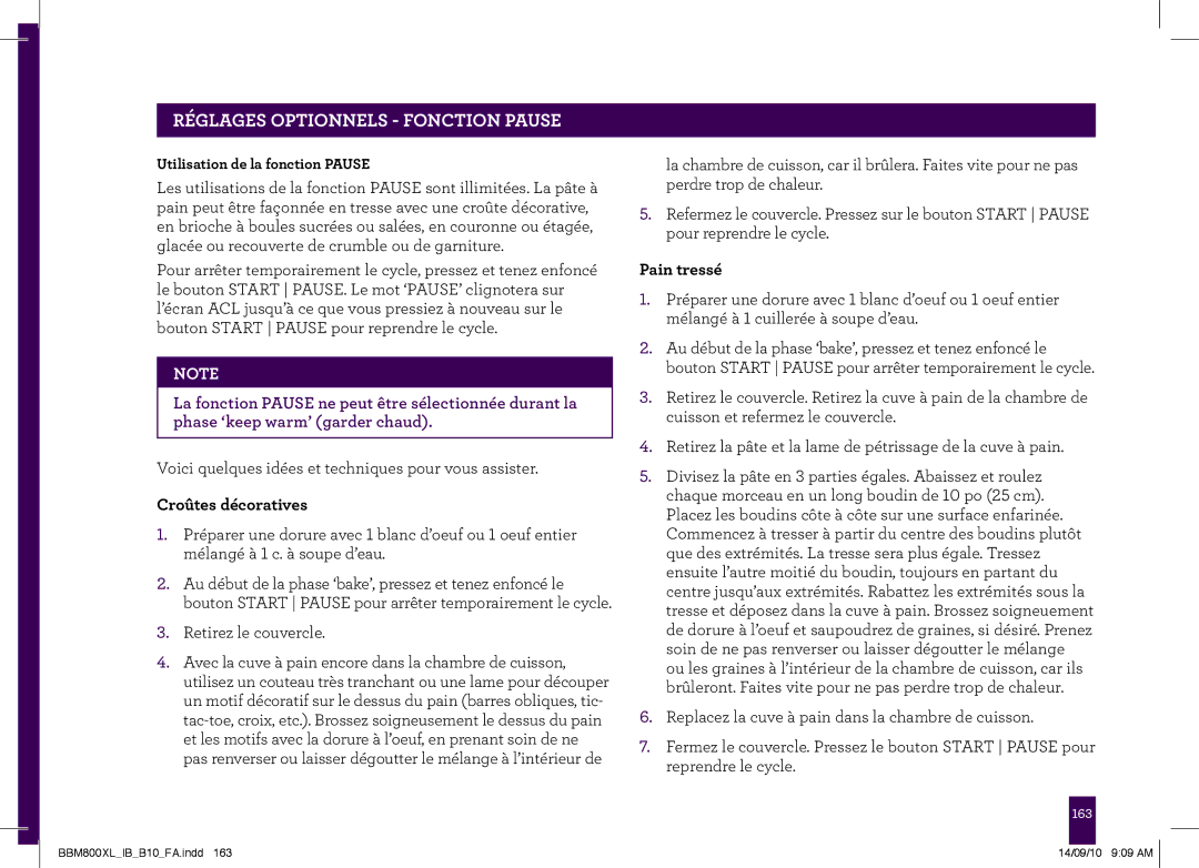 Breville BBM800XL, The Custom Loaf manual Réglages Optionnels Fonction Pause, Croûtes décoratives, Pain tressé 