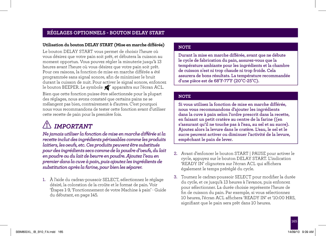 Breville BBM800XL manual Réglages Optionnels Bouton Delay Start, Utilisation du bouton Delay Start Mise en marche différée 