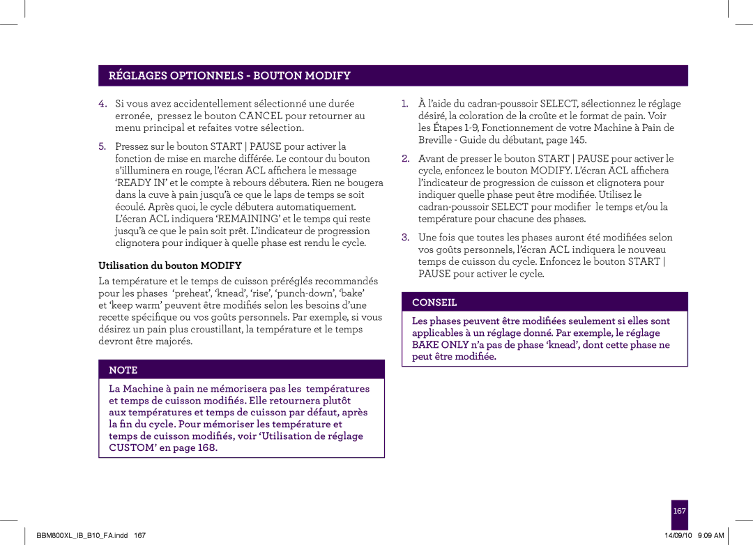 Breville BBM800XL, The Custom Loaf manual Utilisation du bouton Modify 