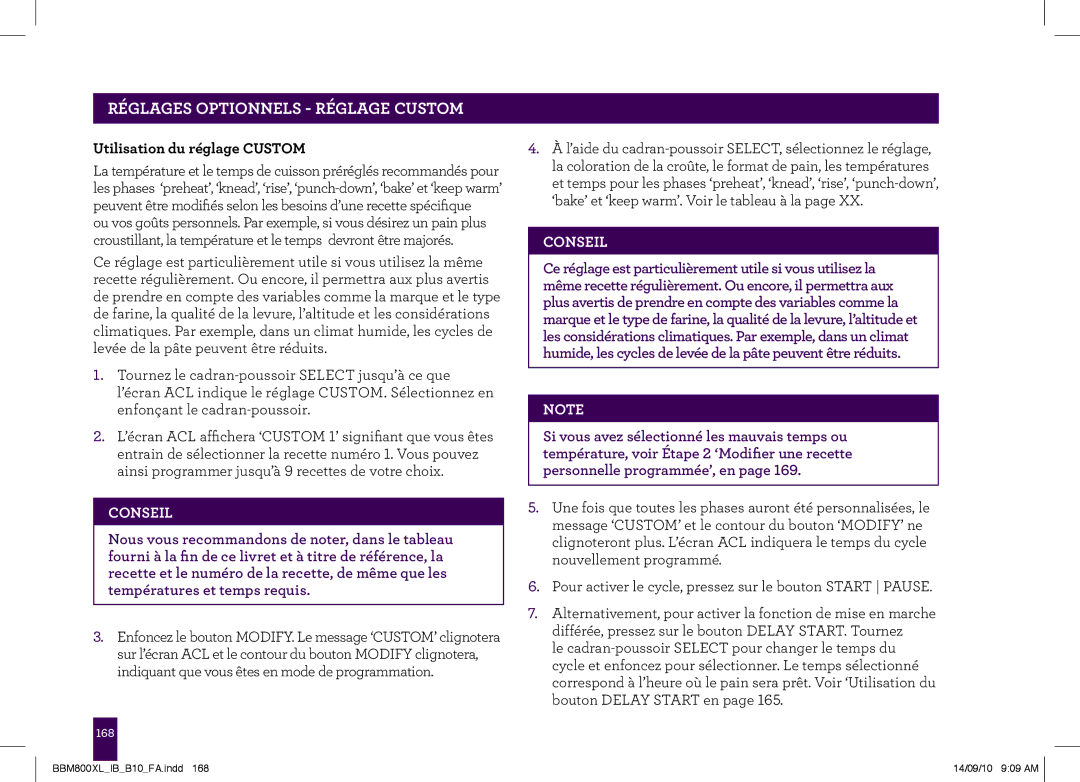 Breville The Custom Loaf, BBM800XL manual Réglages Optionnels Réglage Custom, Utilisation du réglage Custom 