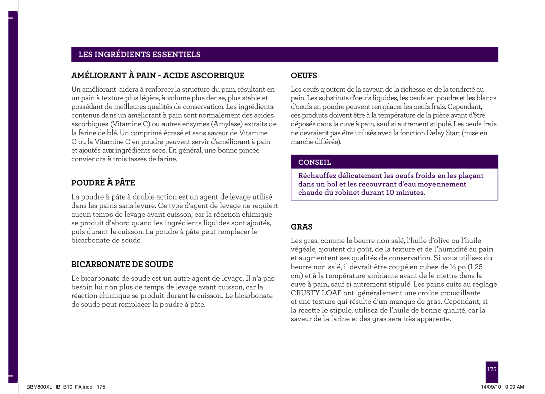 Breville BBM800XL, The Custom Loaf manual LES Ingrédients Essentiels 