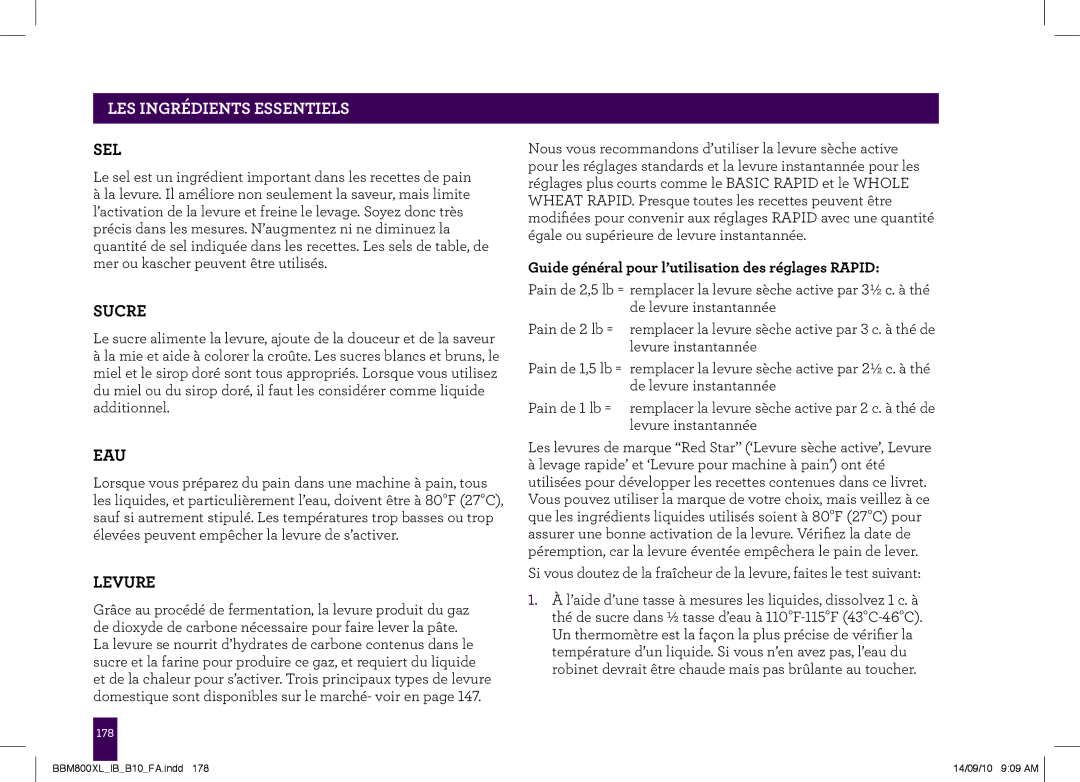 Breville The Custom Loaf, BBM800XL manual Sel, Sucre, Eau, Levure, Guide général pour l’utilisation des réglages Rapid 