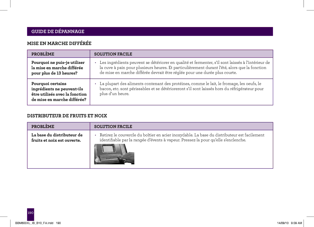 Breville The Custom Loaf, BBM800XL manual Mise EN Marche Différée, Distributeur DE Fruits ET Noix 