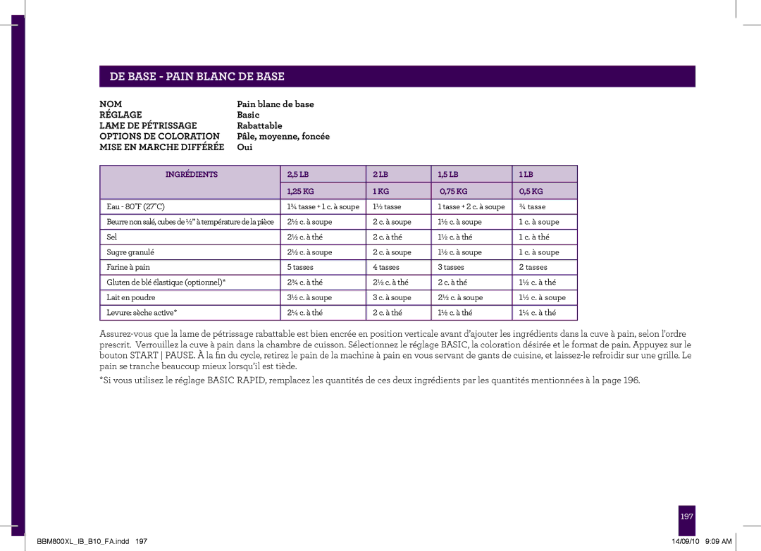 Breville BBM800XL, The Custom Loaf manual PAgeDE BASEheader- PAIN.....BLANC DE Base, Mise EN Marche Différée 