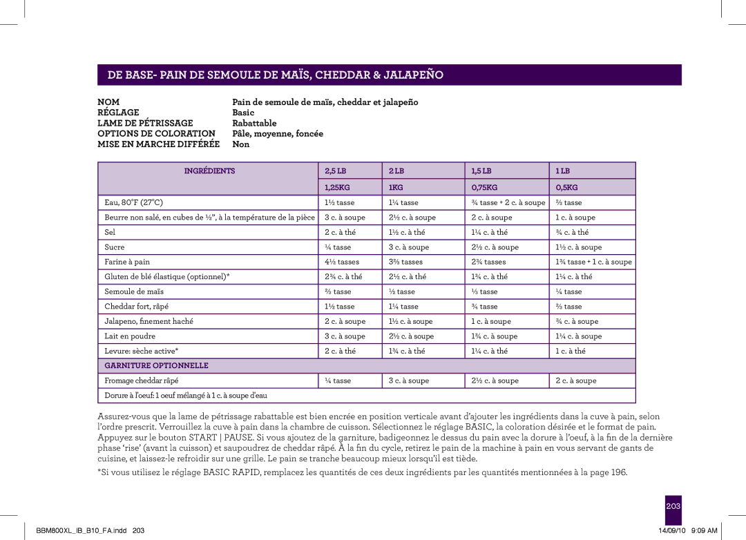 Breville BBM800XL, The Custom Loaf manual Pain de semoule de maïs, cheddar et jalapeño 