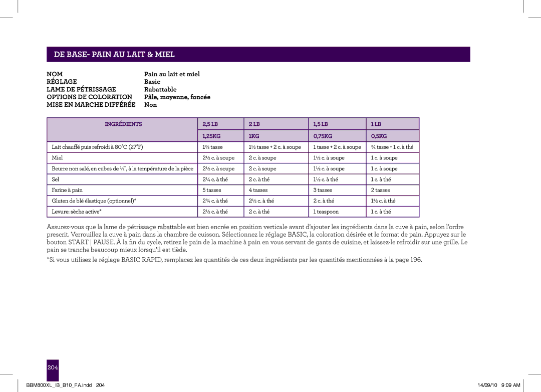 Breville The Custom Loaf, BBM800XL manual PAgeDE BASEheader- PAIN.....AU Lait & Miel 