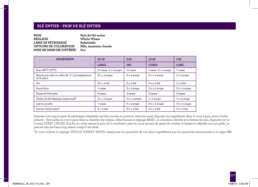 Breville BBM800XL, The Custom Loaf manual BLÉ Entier Pain DE BLÉ Entier 