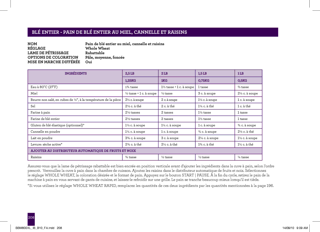 Breville The Custom Loaf, BBM800XL manual Pain de blé entier au miel, cannelle et raisins 