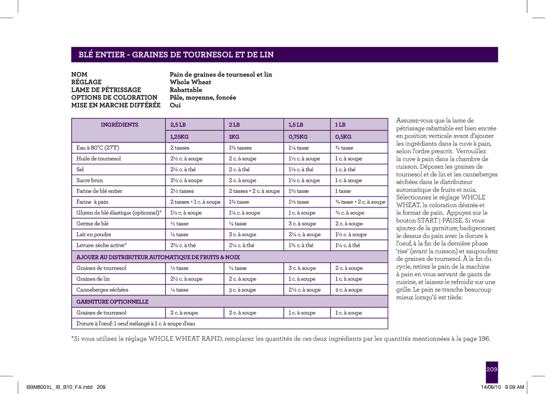 Breville BBM800XL, The Custom Loaf manual PAgeBLÉ ENTIERheader- GRAINES..... DE Tournesol ET DE LIN 