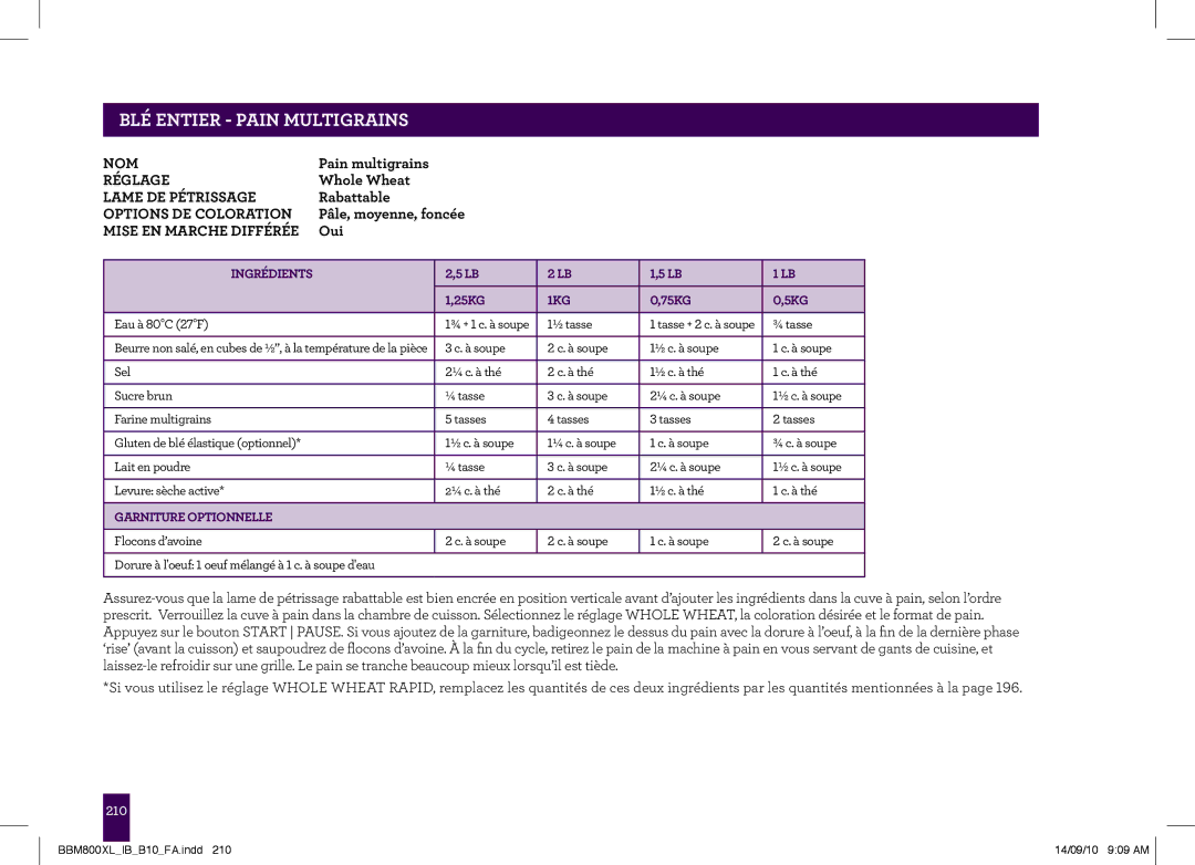 Breville The Custom Loaf, BBM800XL manual PAgeBLÉ ENTIERheader- PAIN..... Multigrains 