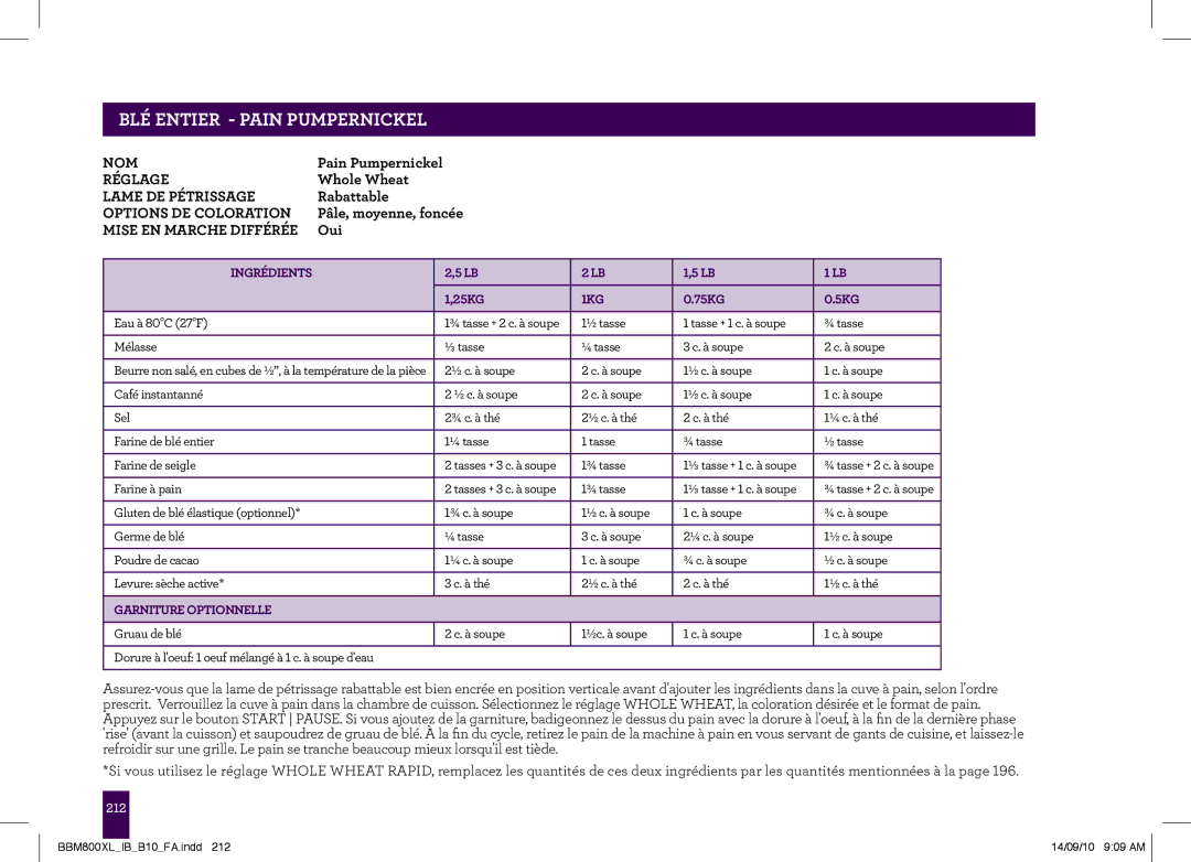 Breville The Custom Loaf, BBM800XL manual PAgeBLÉ ENTIERheader- PAIN..... Pumpernickel 