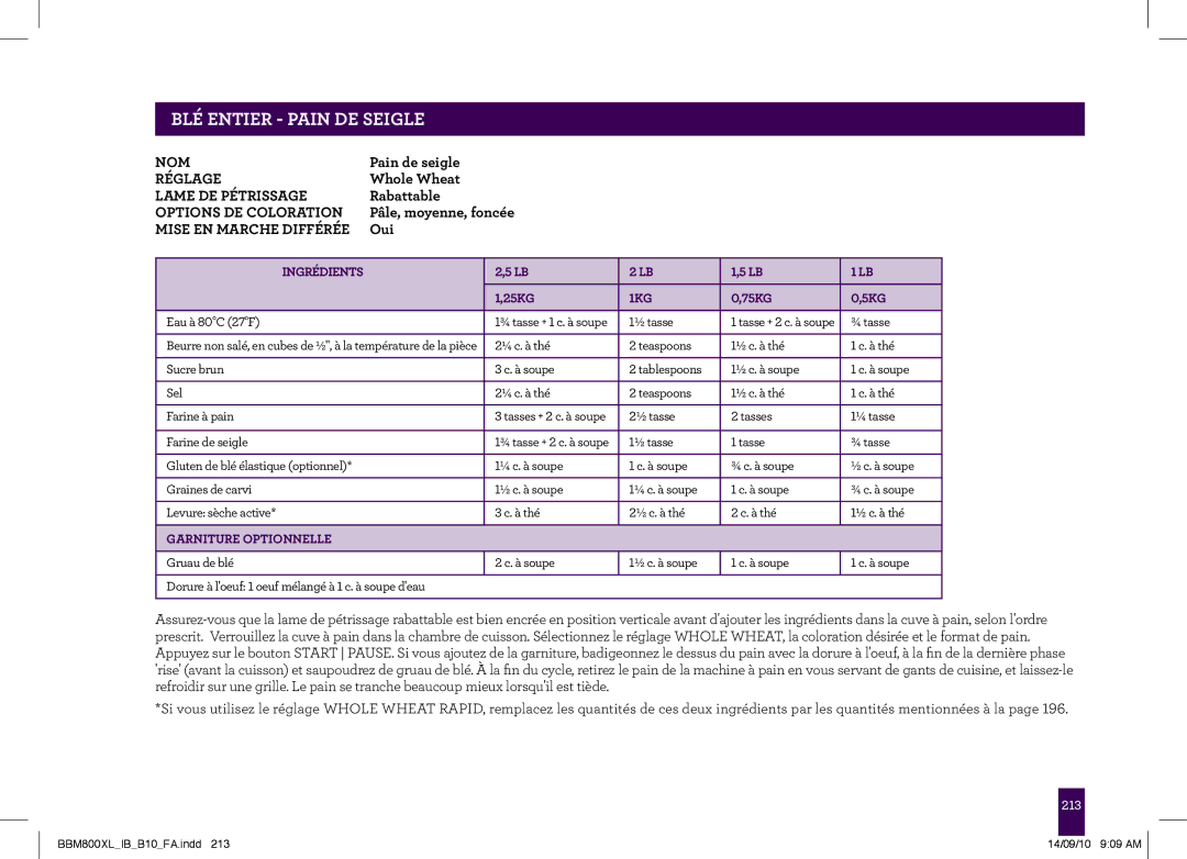 Breville BBM800XL, The Custom Loaf manual PAgeBLÉ ENTIERheader- PAIN..... DE Seigle 