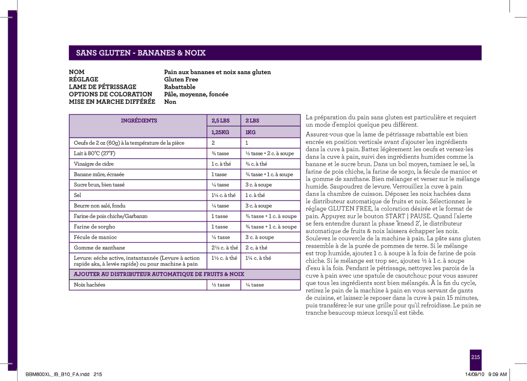 Breville BBM800XL, The Custom Loaf manual PAgeNSS headerGLUTEN.....- Bananes & Noix, Lbs 25kg 1kg 