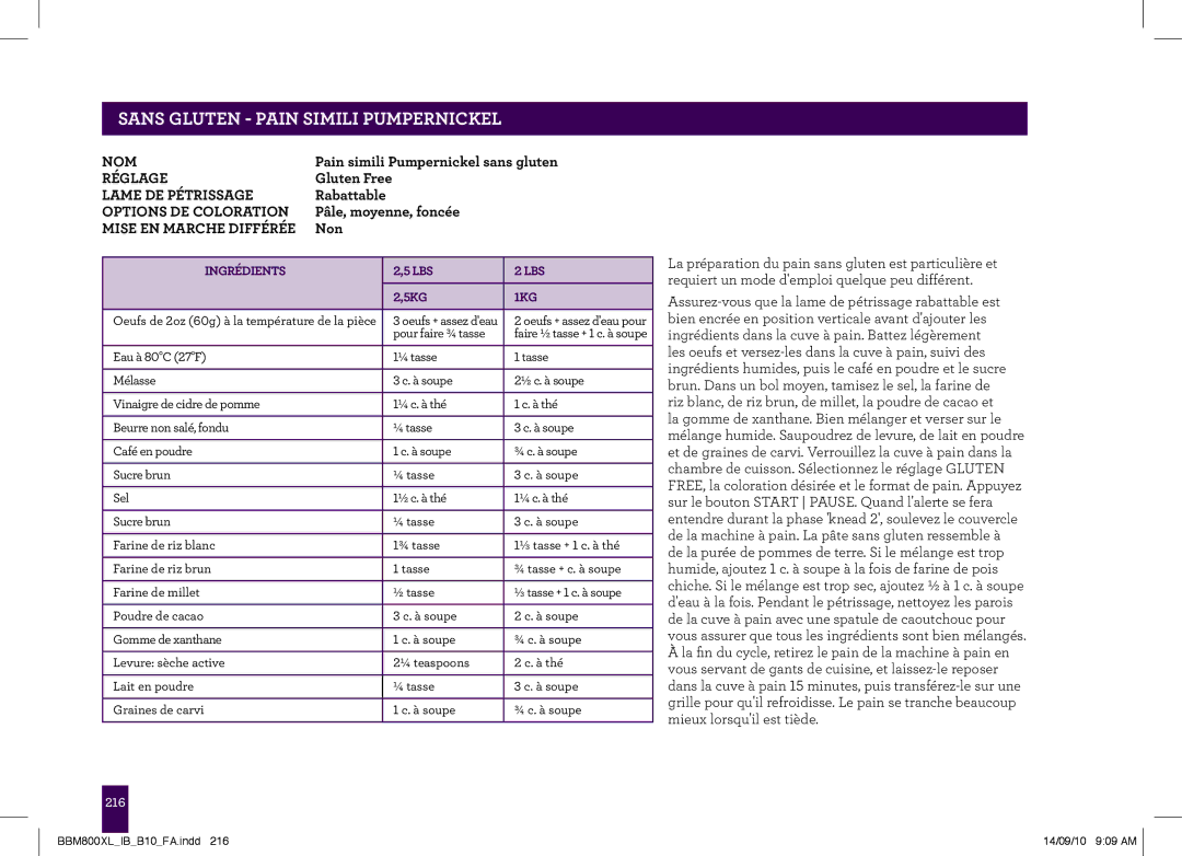 Breville The Custom Loaf, BBM800XL manual PAgeNSS headerGLUTEN.....- Pain Simili Pumpernickel, Lbs 5kg 1kg 