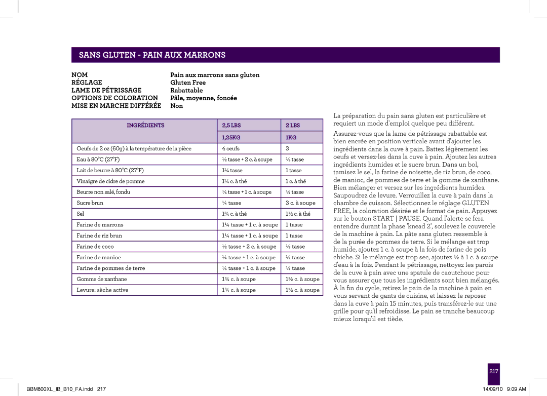 Breville BBM800XL, The Custom Loaf manual PAgeNSS headerGLUTEN.....- Pain AUX Marrons 