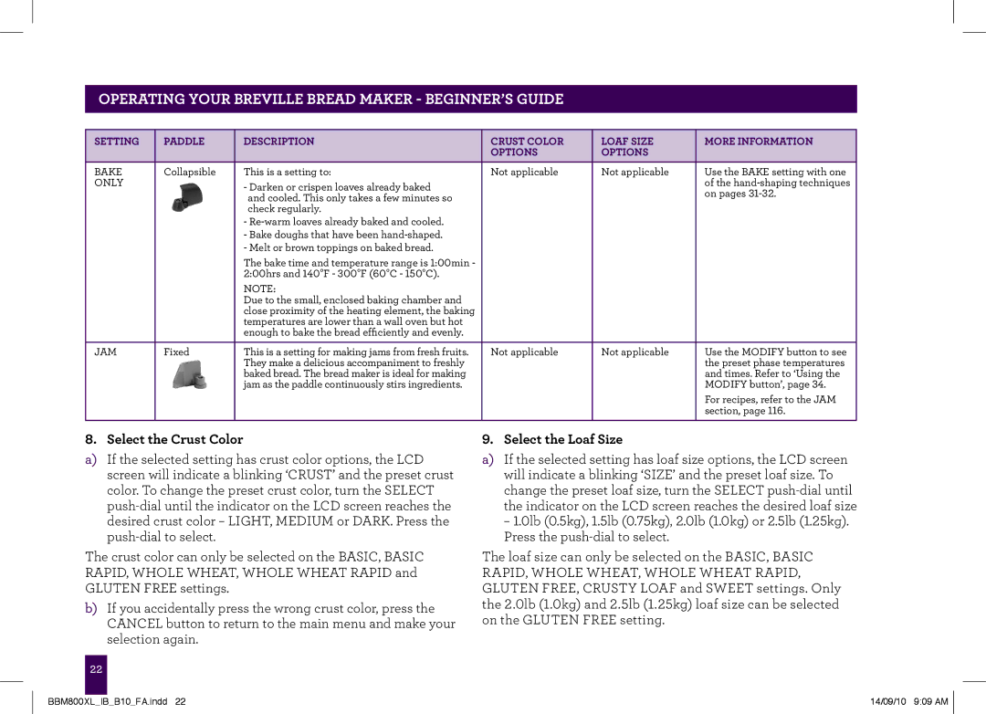 Breville The Custom Loaf, BBM800XL manual Select the Crust Color, Select the Loaf Size 