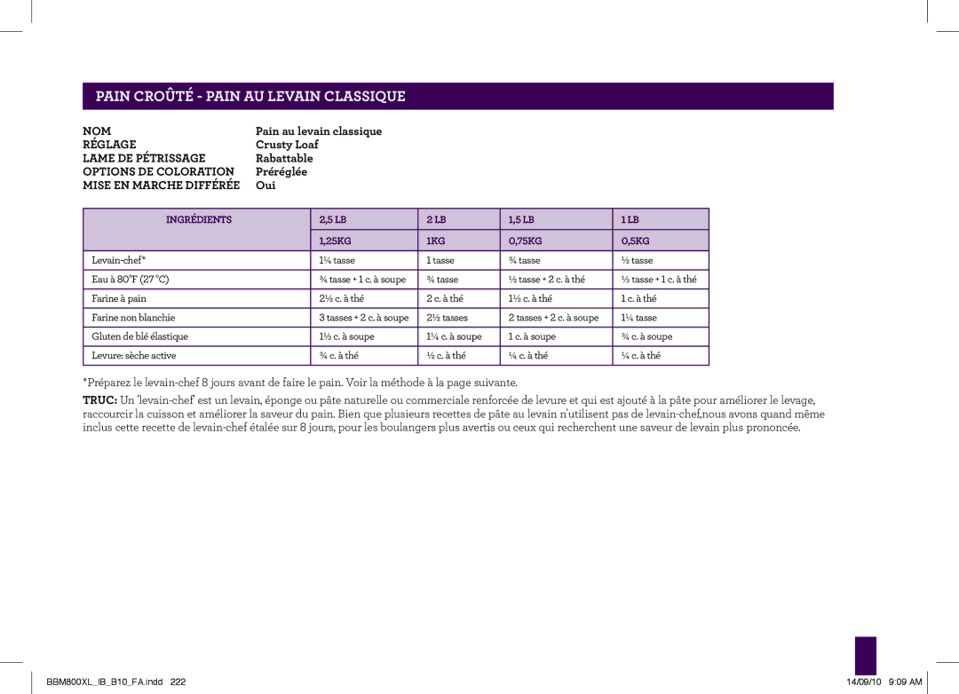 Breville The Custom Loaf, BBM800XL manual PAINgeCROÛTÉheader.....- Pain AU Levain Classique 