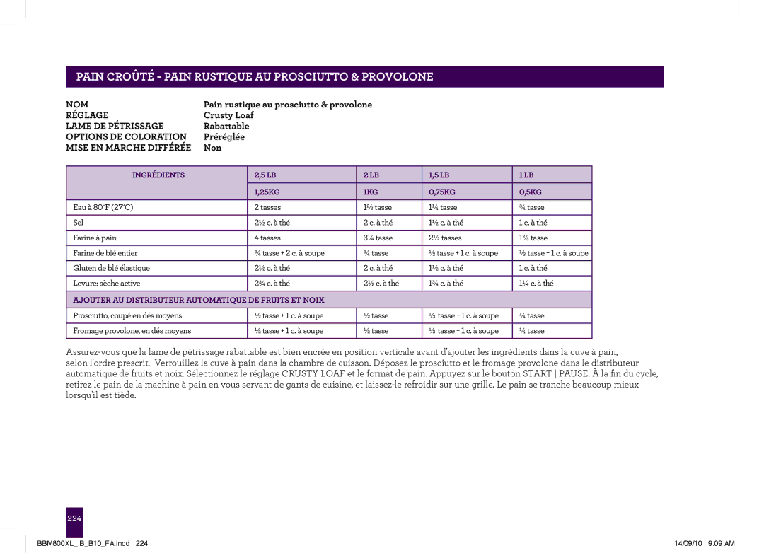 Breville The Custom Loaf, BBM800XL manual Pain rustique au prosciutto & provolone 