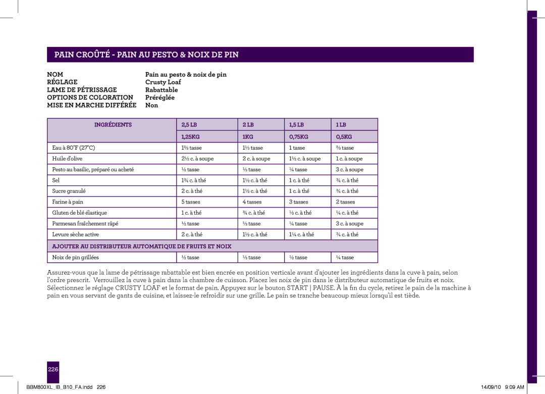 Breville The Custom Loaf, BBM800XL manual PAINgeCROÛTÉheader.....- Pain AU Pesto & Noix DE PIN 