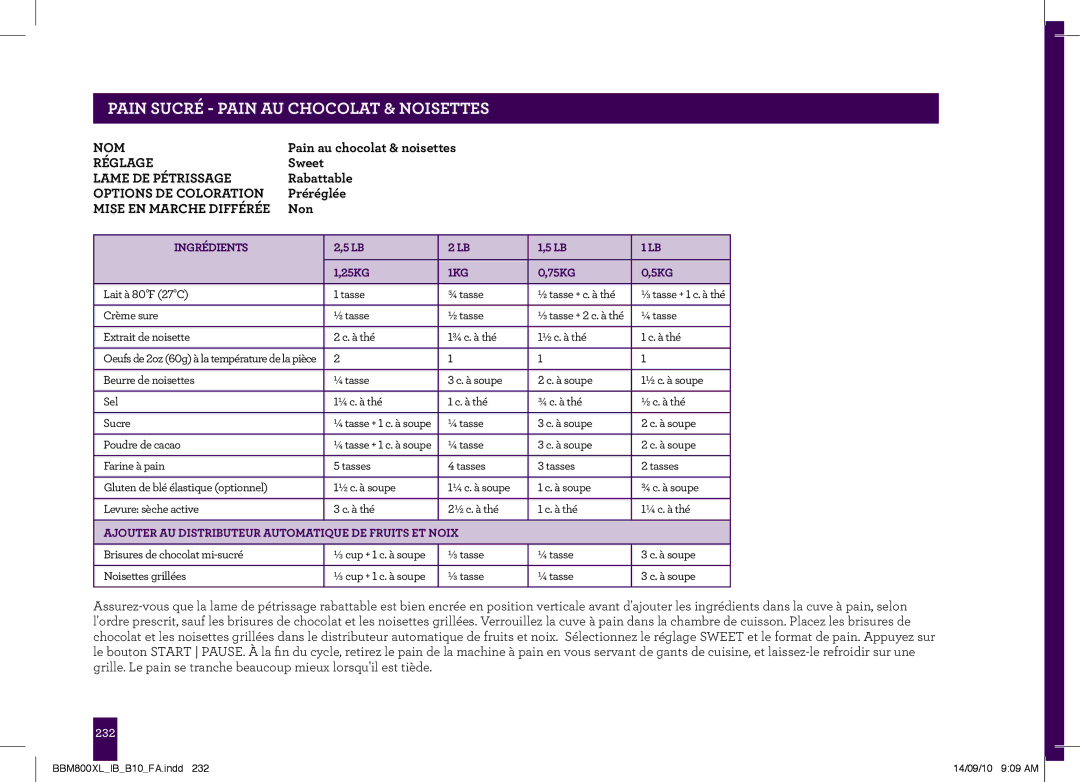 Breville The Custom Loaf, BBM800XL manual PAINgeSUCRÉheader- PAIN..... AU Chocolat & Noisettes 