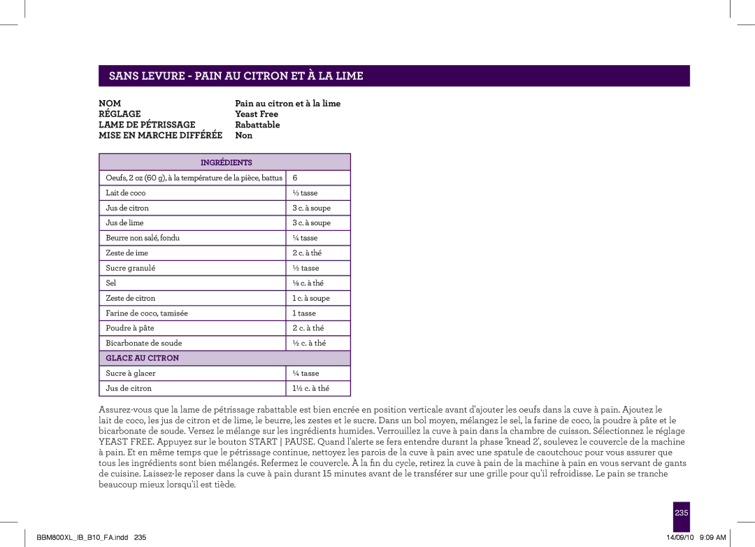 Breville BBM800XL, The Custom Loaf manual PAgeNSS headerLEVURE-.....PAIN AU Citron ET À LA Lime, Glace AU Citron 