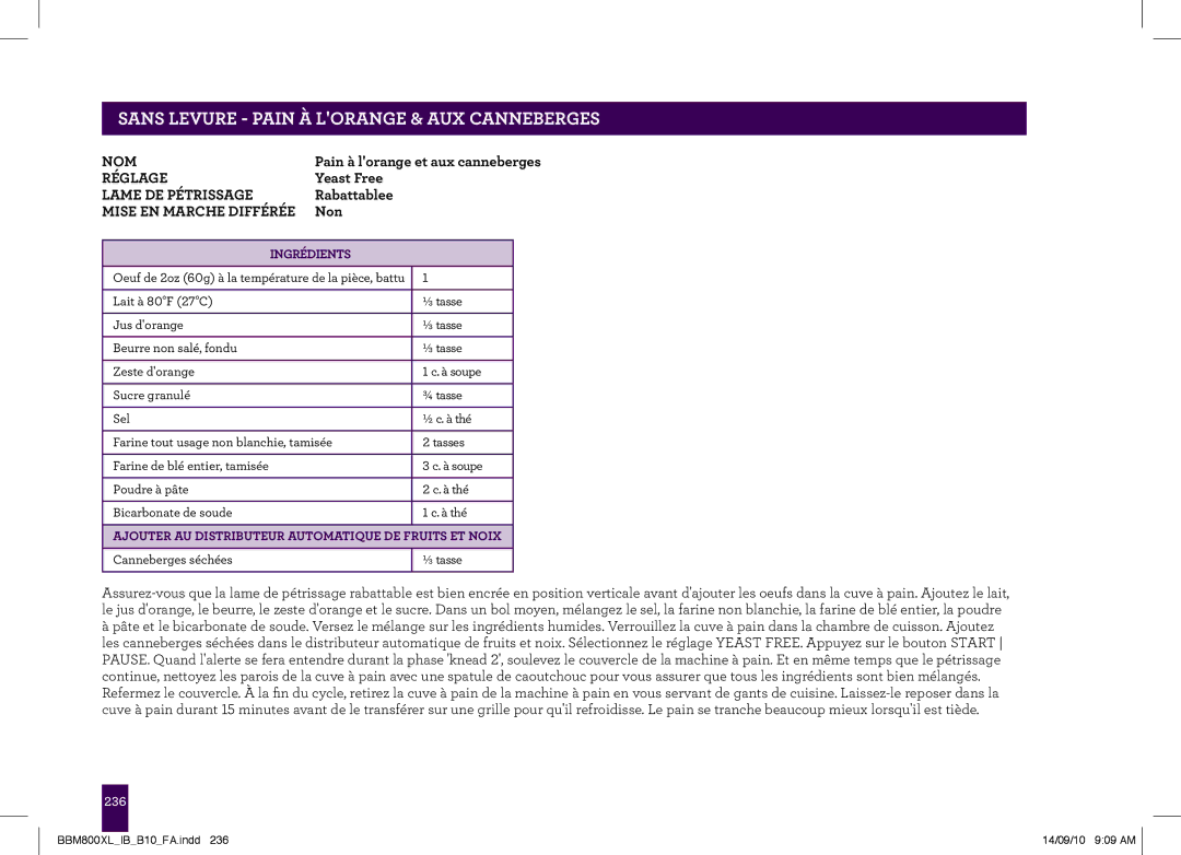 Breville The Custom Loaf, BBM800XL manual PAgeNSS headerLEVURE-.....PAIN À Lorange & AUX Canneberges 
